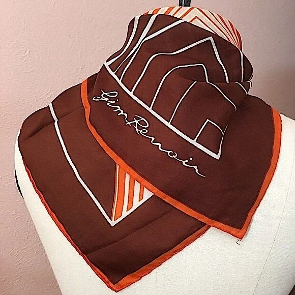 VTG 60 70 Jim Renoir Geometric Print Brown Burnt Orange Large Square scarf - Picture 12 of 16